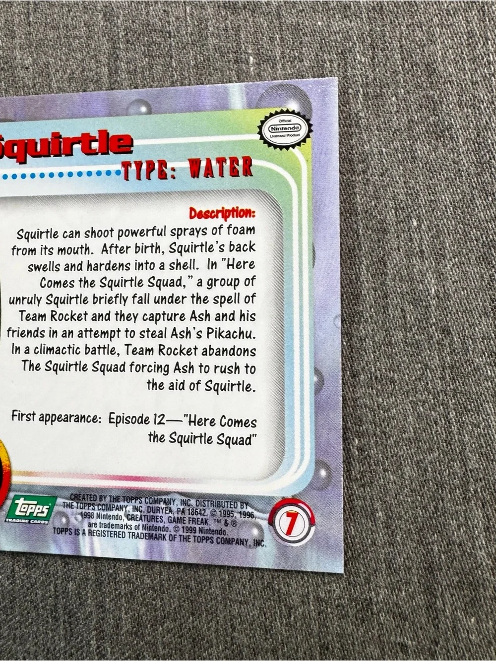 1999 Topps Pokemon TV Animation Edition #07 Squirtle Vintage Card Near Mint